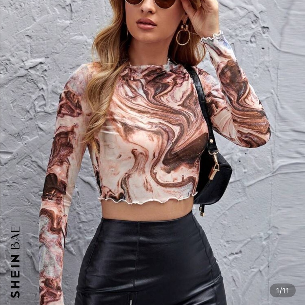 Shein Marble Print Long Sleeve Crop Top